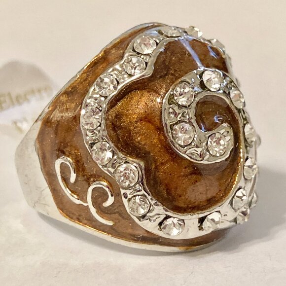 Vintage Brown Enamel Swirl Crystal Cocktail Ring Art Deco Silver Plated Size 8 - Picture 4 of 12
